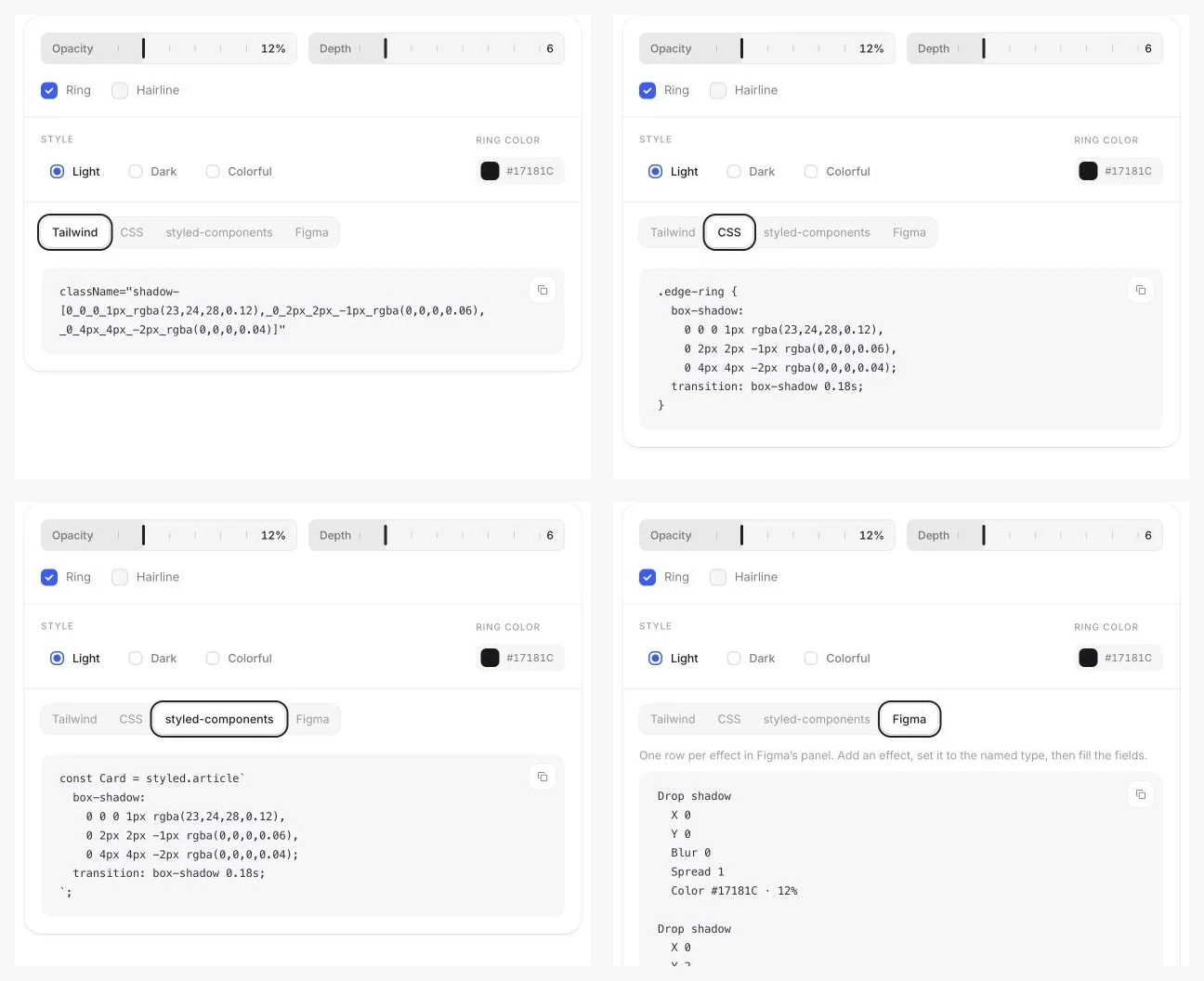 The same Edge Lab configuration exported as Tailwind, CSS, styled-components, and Figma values.