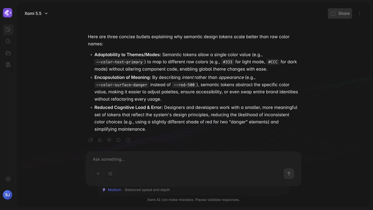 A completed Xami conversation with formatted text, message actions, and the persistent composer.
