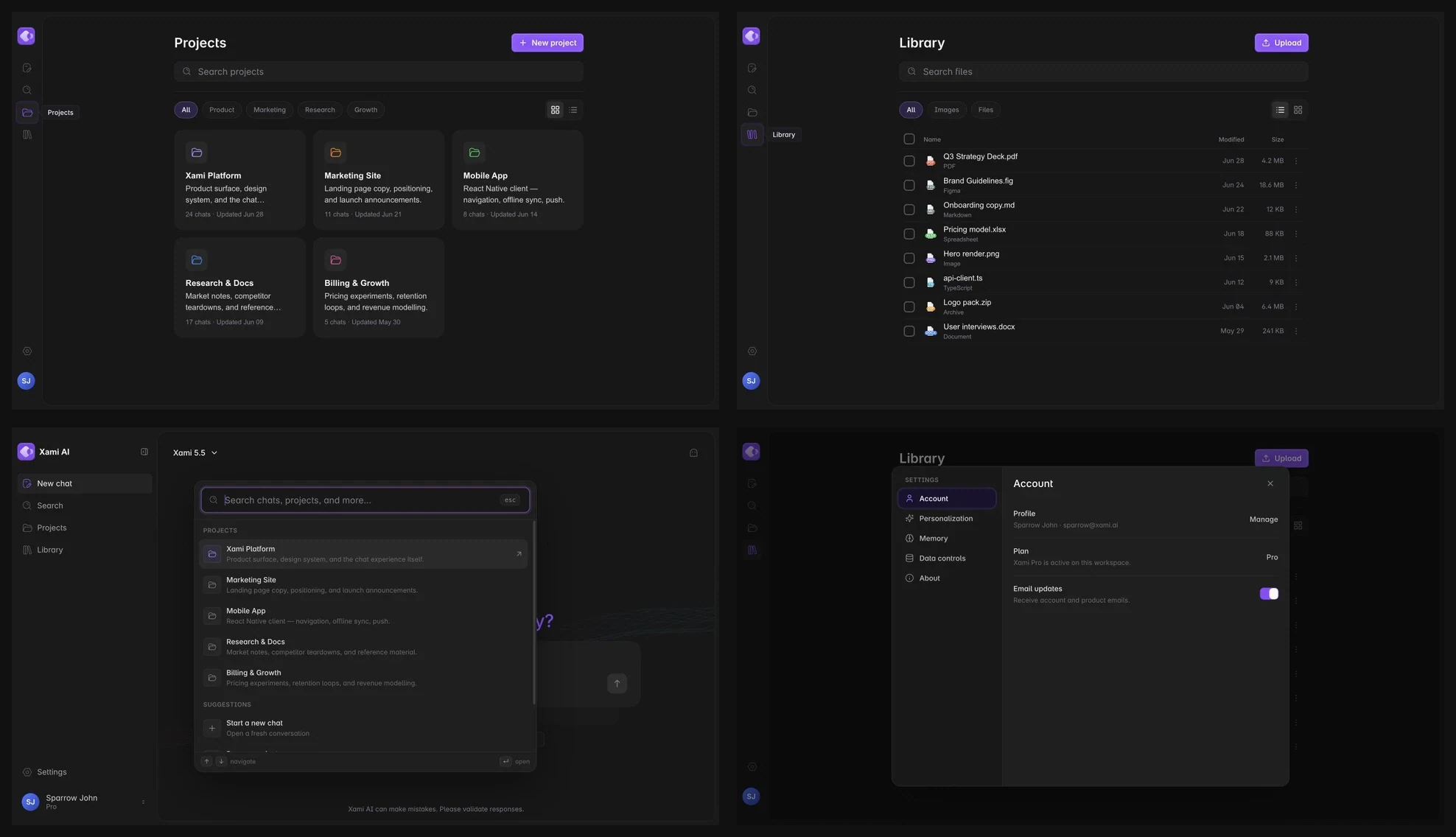 Xami Projects, Library, command search, and Settings surfaces shown as one workspace system.