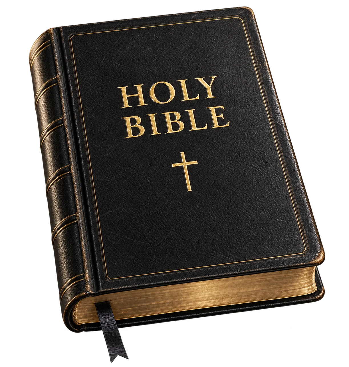 A black leather book with gold HOLY BIBLE lettering and a cross