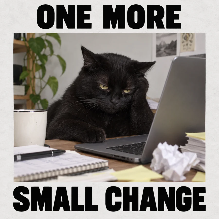 Tired black cat at a laptop meme reading One more small change