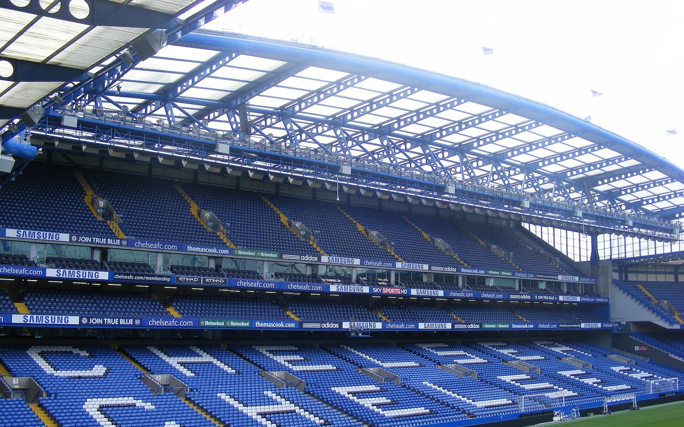 The blue stands inside Chelsea's Stamford Bridge stadium